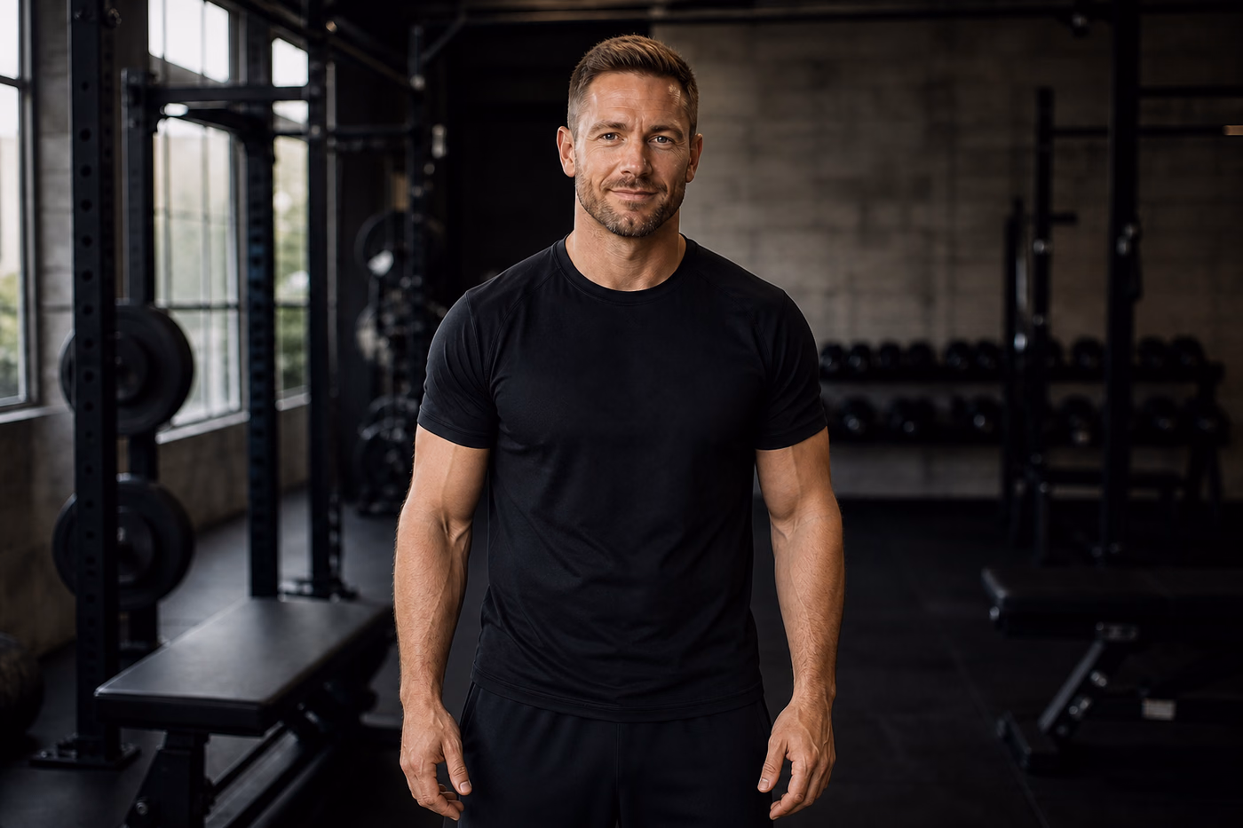 Jordan, a fictional personal trainer, in a strength-training studio
