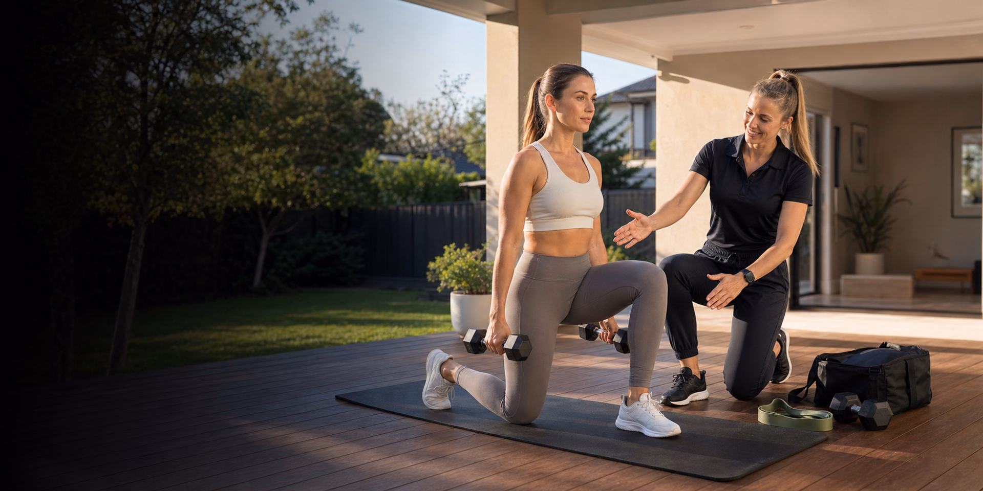 Mobile personal trainer coaching a client at her home