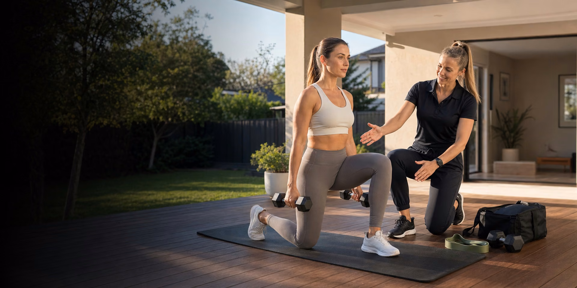 Mobile personal trainer coaching a client at her home